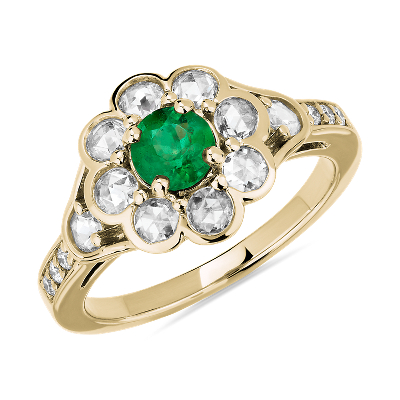 Emerald And Rose Cut Diamond Flower Ring In 18k Yellow Gold Blue