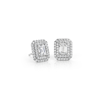 Emerald-Cut Diamond Double Halo Earrings in 18k White Gold (1.50 ct. tw ...