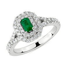Emerald Cut Emerald and Diamond Double Halo Ring in 14k White Gold (5x3mm)