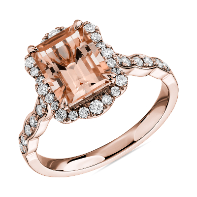 Emerald Cut Morganite Ring with Diamond Halo in 14k Rose Gold | Blue ...