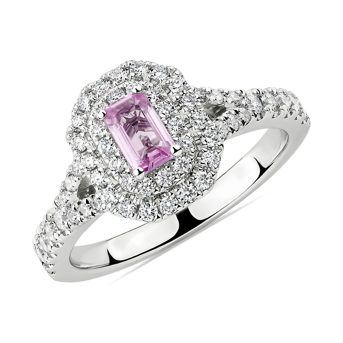 Emerald Cut Pink Sapphire Double Halo Ring in 14k White Gold (5x3mm)