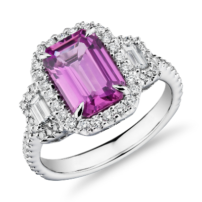 Emerald Cut Pink Sapphire Ring With Diamond Trapezoid Sidestones