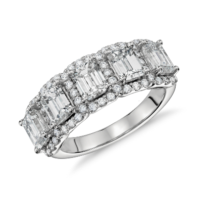 Emerald Cut Five  Stone  Halo  Diamond  Ring  in Platinum 3 ct 