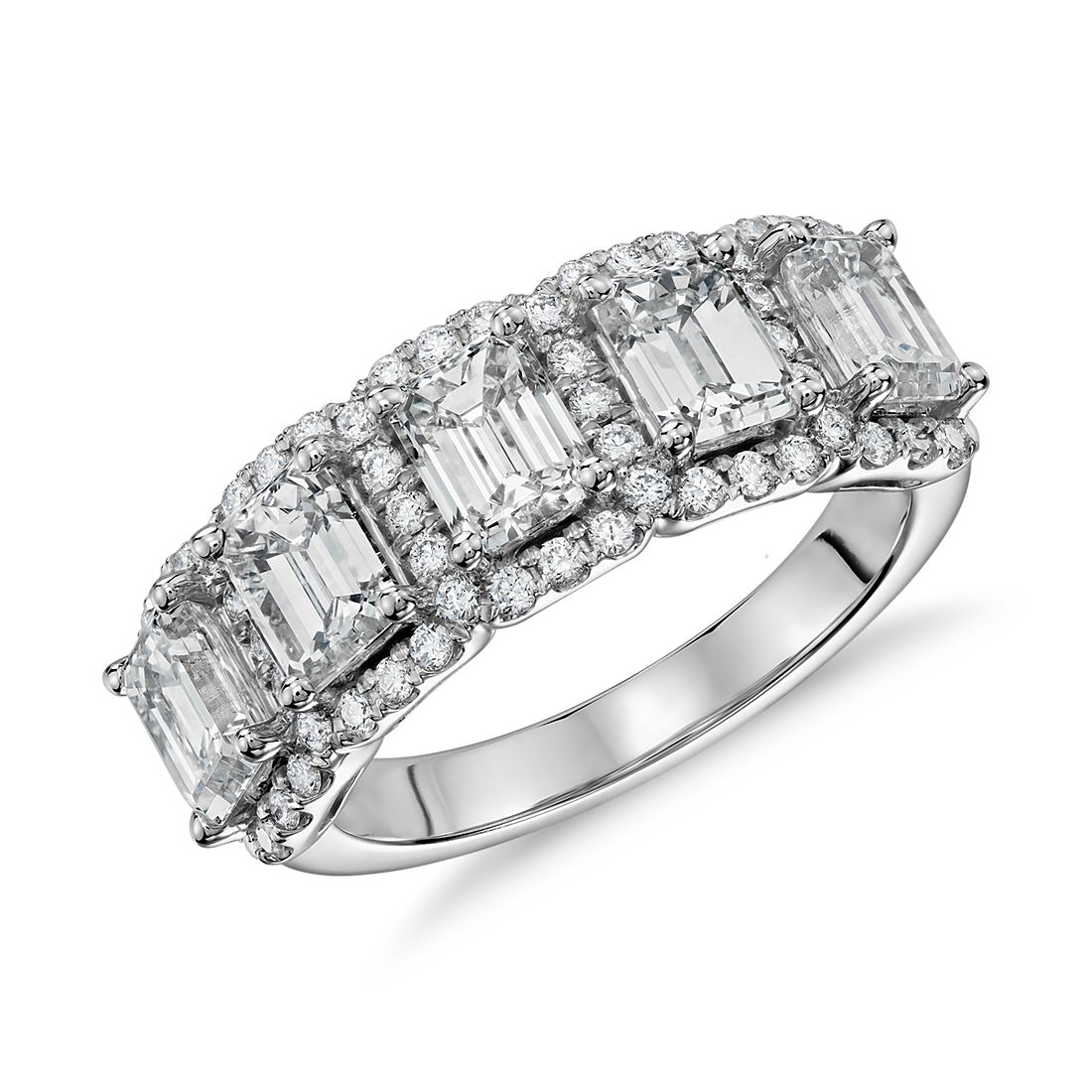 Emerald Cut Five Stone Halo Diamond Ring in Platinum 3 ct Emerald Cut Five Stone Halo Diamond Ring in Platinum 3 ct