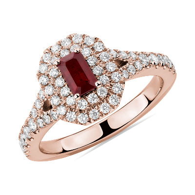 Emerald Cut Ruby and Diamond Double Halo Ring in 14k Rose Gold (5x3mm