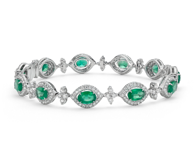 Emerald Oval and Diamond Halo Bracelet 18k White Gold (4.24 ct. tw