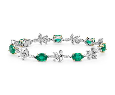 Emerald and Diamond Bracelet in 18k White and Yellow Gold (8x6mm
