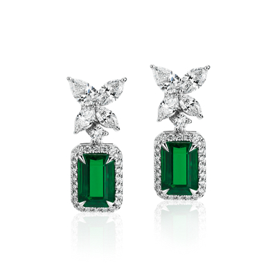 Emerald and Diamond Butterfly Drop Earrings in 18k White