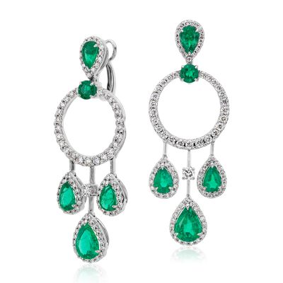 Pear Shape Emerald and Diamond Drop Earrings in 18k White Gold (4.41 ct ...