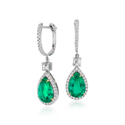 Pear Shape Emerald and Diamond Drop Earrings in 18k White and Yellow ...