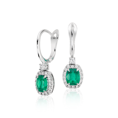Cushion Emerald and Diamond Drop Earrings in 18k White Gold (6x5mm ...
