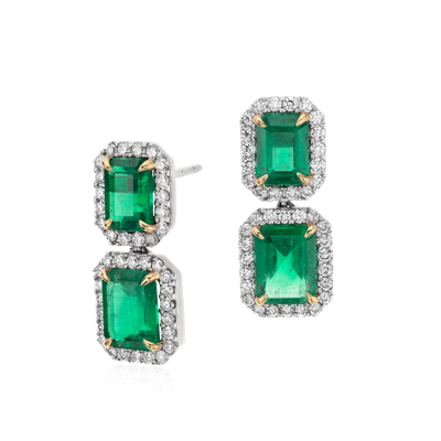 Emerald-Cut Emerald Diamond Pavé Drop Earrings in 18k White Gold (4.77 ...