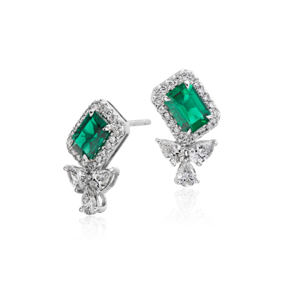 Emerald and Diamond Halo Stud Earrings in 18k White Gold