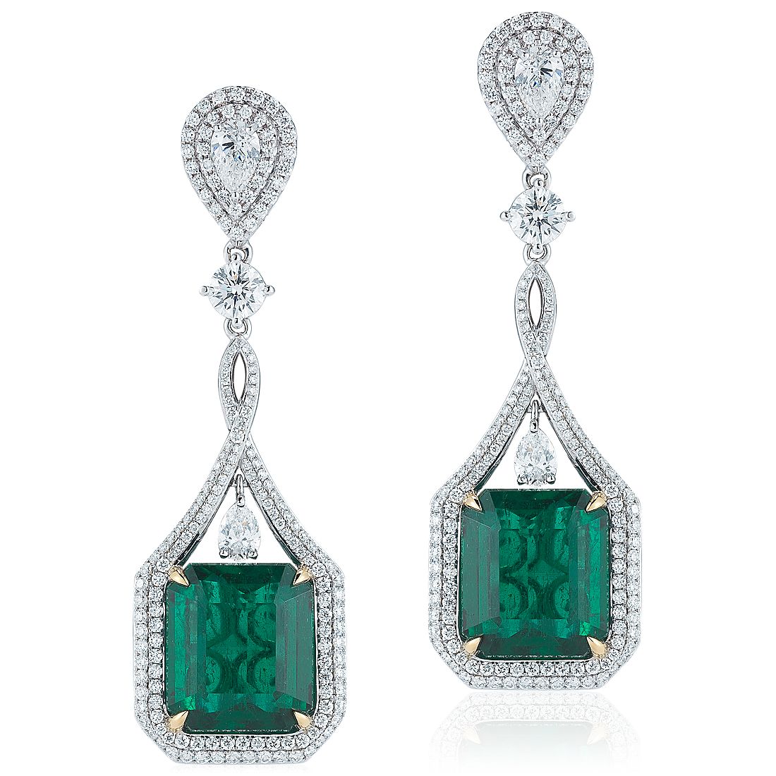 Emerald and Diamond Drop Earrings in 18k White Gold (24.05 ct. tw.)