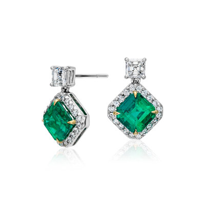 Emerald and Diamond Halo Stud Earrings in 18k White and Yellow Gold (2. ...