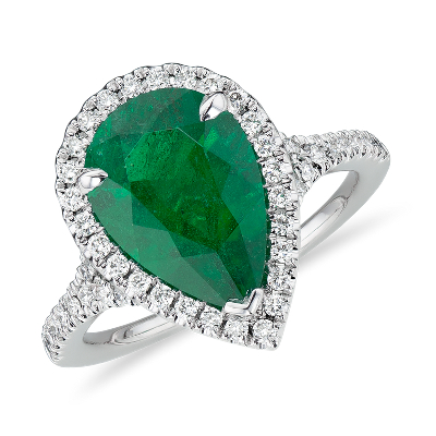 Emerald Pear-Shape and Diamond Halo Cocktail Ring in Platinum (3.22 ct ...