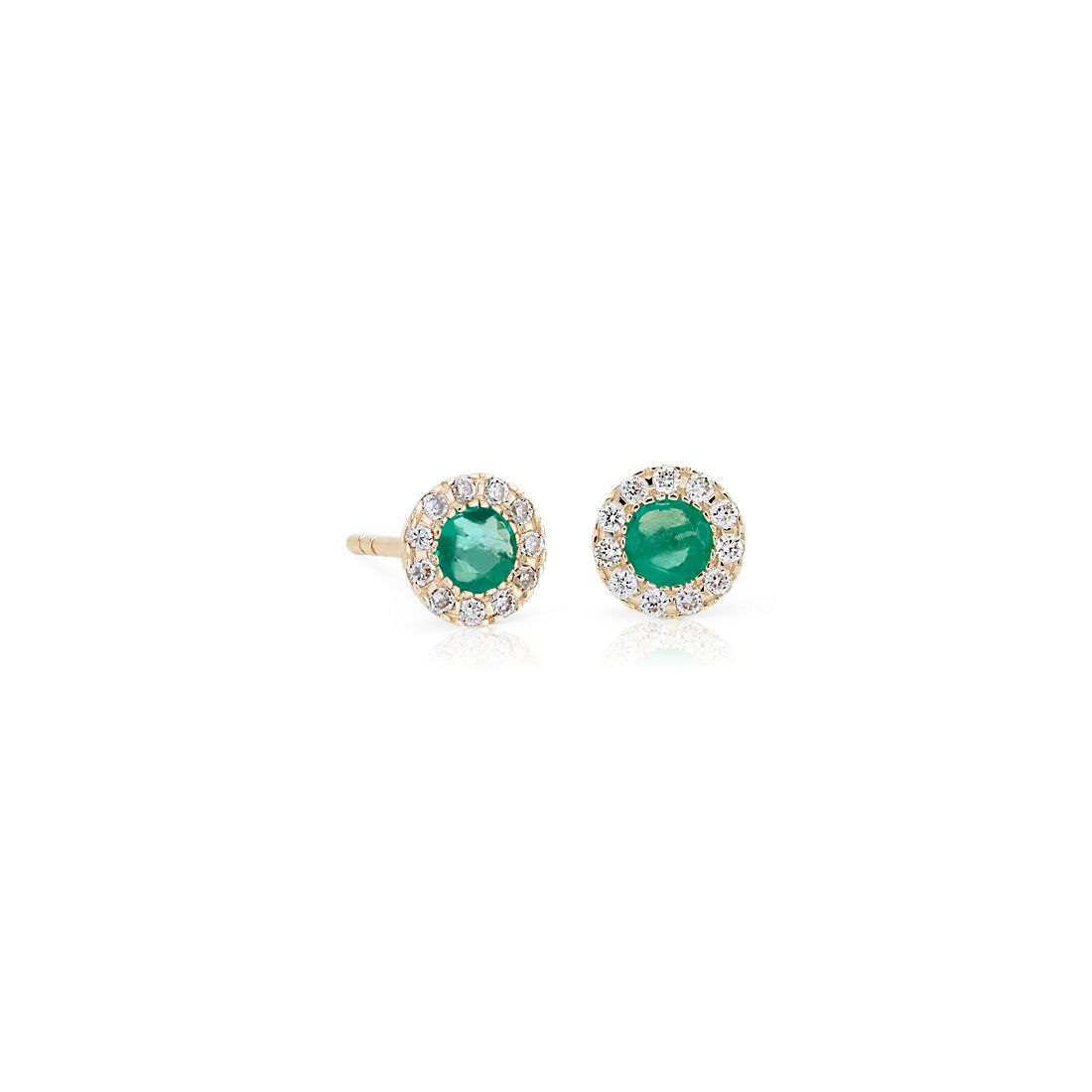 Emerald and Diamond Halo Crown Stud Earrings in 14k Yellow Gold (3.5mm)