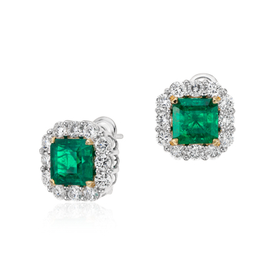 Square Cut Emerald and Diamond Classic Halo Earrings in