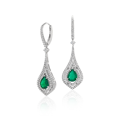 Pear Shape Emerald Double Halo Diamond Drop Earrings in 18k White Gold ...