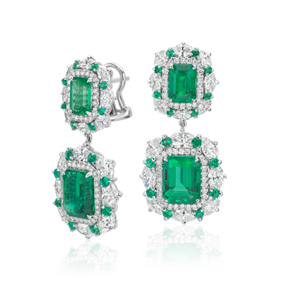Emerald and Diamond Halo Drop Earrings in 18k White Gold
