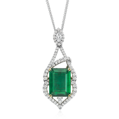 Emerald and Diamond Pavé Drop Pendant in 18k White and Yellow Gold (13. ...