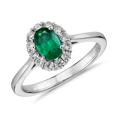  Emerald  and Diamond Halo Ring  in 14k White  Gold  6x4mm 