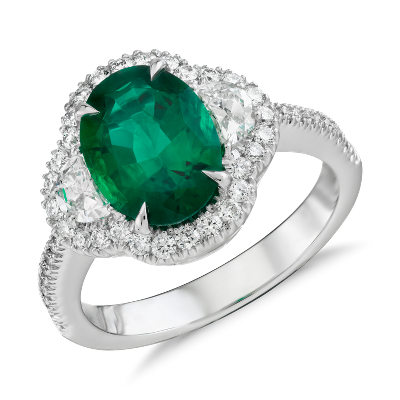 Emerald and Diamond Halo Ring in 18k White Gold (2.01 ct. center ...