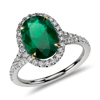 Oval Emerald and Diamond Halo Ring in Platinum (3.01 cts