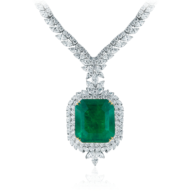 Emerald and PavÃ© Diamond Necklace in 18k White Gold (73.01