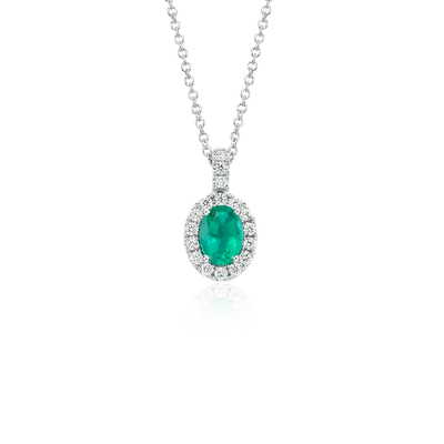 Oval Emerald and Pavé Diamond Pendant in 18k White Gold (7x5mm) | Blue Nile