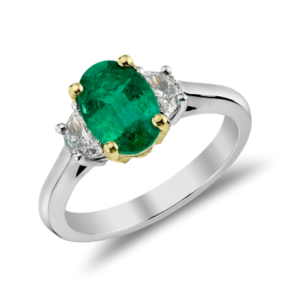 Emerald and Half-Moon Diamond Ring in 18k White Gold ...
