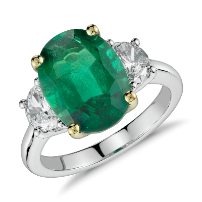 Emerald and Diamond Three-Stone Ring in Platinum and 18k