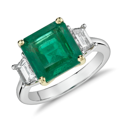 Emerald-Cut Emerald and Diamond Three-Stone Ring in Platinum and 18k ...