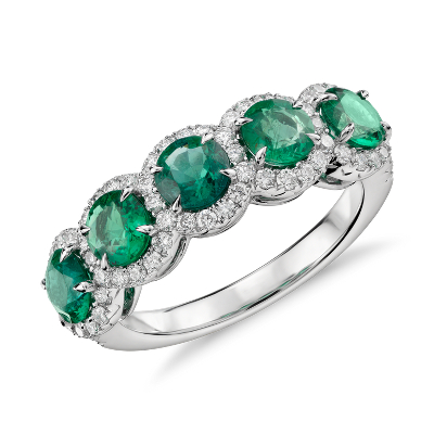 Emerald And Diamond Five Stone Halo Ring In 18k White Gold 4 5mm