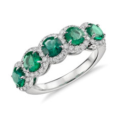 NEW Emerald and Diamond Five-Stone Halo Ring in 18k White Gold (4.5mm)
