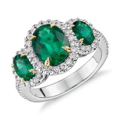 Three Stone Emerald and Diamond Halo Ring in 18k White and