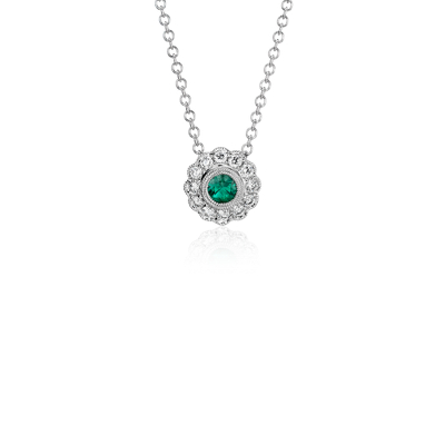 Emerald and Diamond Vintage-Inspired Fiore Pendant in 14k White Gold (3 ...