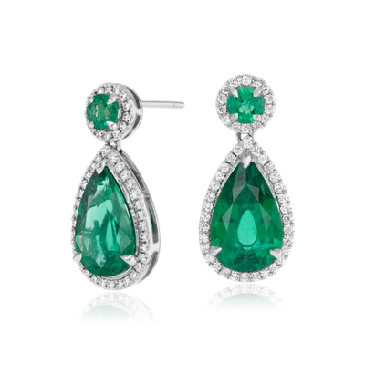 Grande Emerald and Diamond Halo Teardrop Earrings in 18k White Gold ...