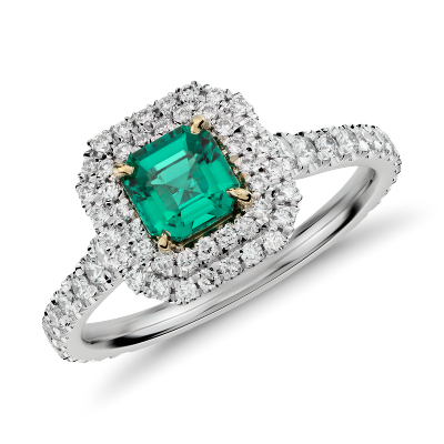 Emerald and Micropavé Diamond Double Halo Ring in 18k White and Yellow ...
