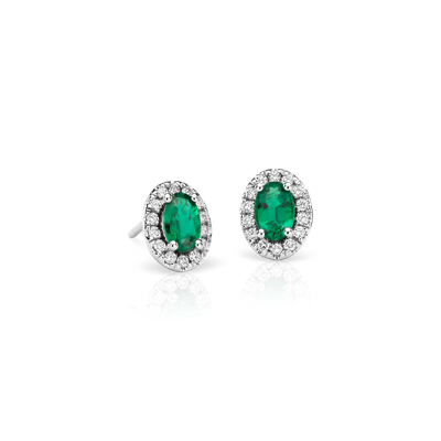 Emerald and PavÃ© Diamond Halo Earrings in 18k White Gold