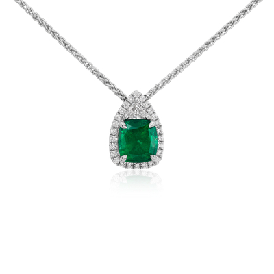 Emerald and Pavé Diamond Halo Pendant in 18k White Gold (1.86 cts ...