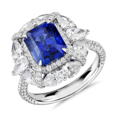 Emerald Cut Sapphire And Pear Shaped Diamond Halo Ring In 18k