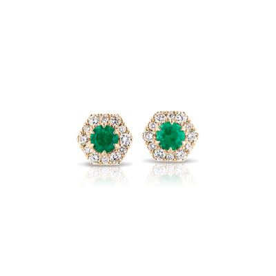 Emerald Stud Earrings with Hexagon Diamond Halo in 14k Yellow Gold ...