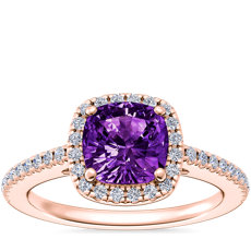 NEW Classic Halo Diamond Engagement Ring with Cushion Amethyst in 14k Rose Gold (6.5mm)