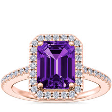 NEW Classic Halo Diamond Engagement Ring with Emerald-Cut Amethyst in 14k Rose Gold (8x6mm)