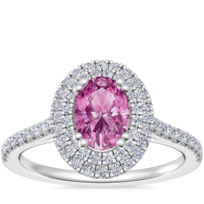 Micropavé Double Halo Diamond Engagement Ring with Oval Pink Sapphire ...