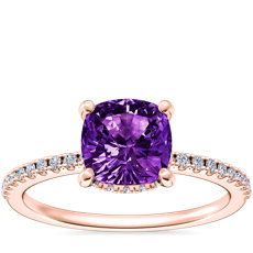 NEW Petite Micropavé Hidden Halo Engagement Ring with Cushion Amethyst in 14k Rose Gold (6.5mm)