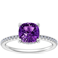 NEW Petite Micropavé Hidden Halo Engagement Ring with Cushion Amethyst in 14k White Gold (6.5mm)