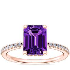 NEW Petite Micropavé Hidden Halo Engagement Ring with Emerald-Cut Amethyst in 14k Rose Gold (8x6mm)