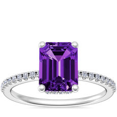 NEW Petite Micropavé Hidden Halo Engagement Ring with Emerald-Cut Amethyst in 14k White Gold (8x6mm)